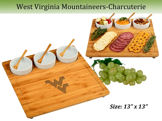 NCAA West Virginia Mountaineers Bamboo Charcuterie Board Set with Ceramic Bowls – 13″ x 13″